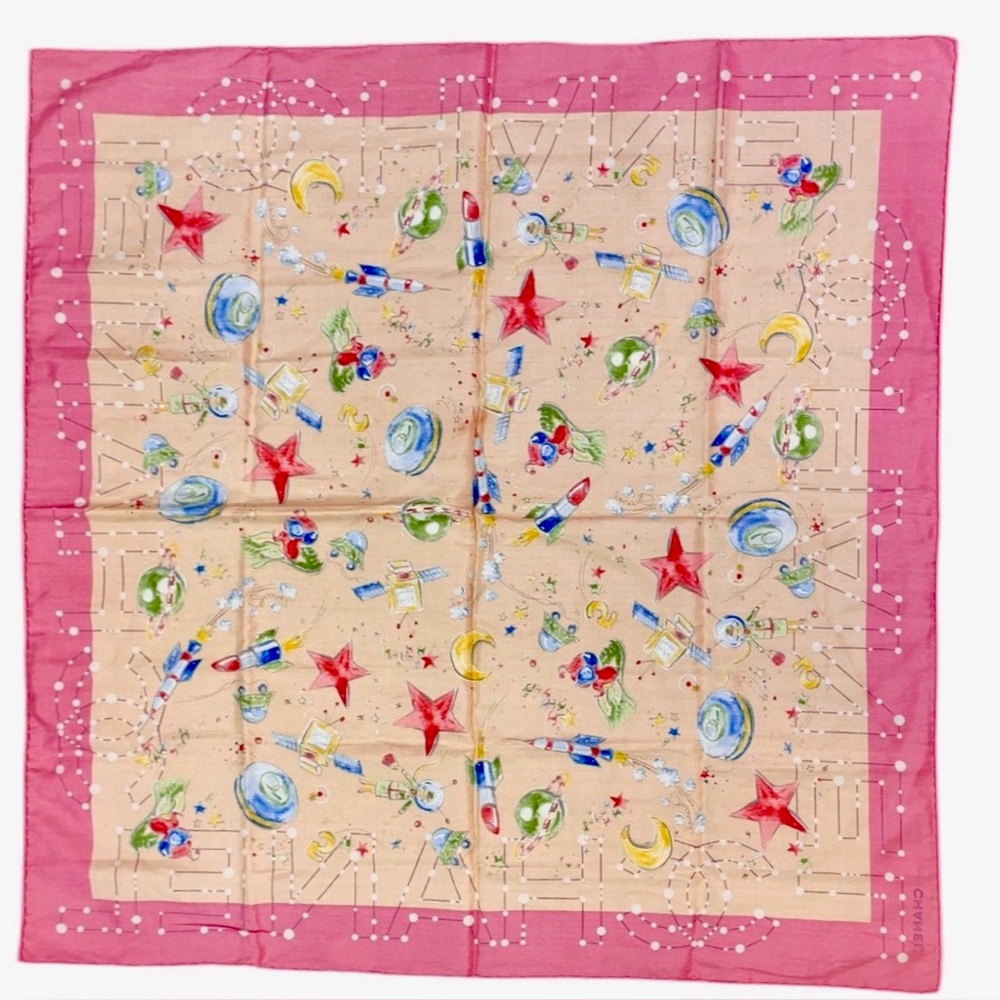 RARE Chanel Pink Whimsical Celestial Stars Moon Planet Silk Scarf